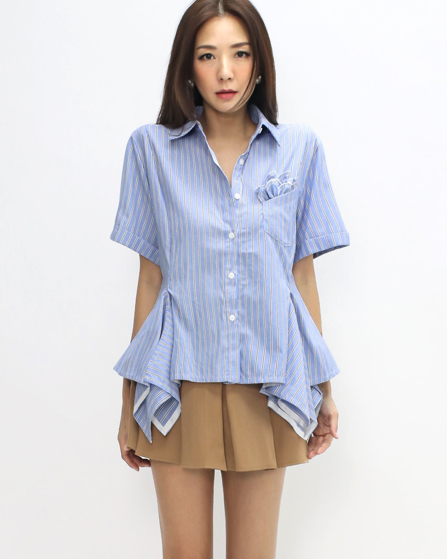 Blue & ivory stripes pleats sides shirt *pre-order*