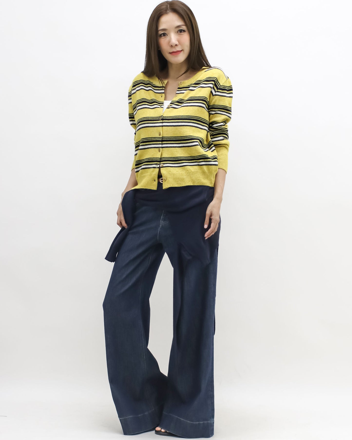 yellow w/ black & ivory stripes knitted cardigan