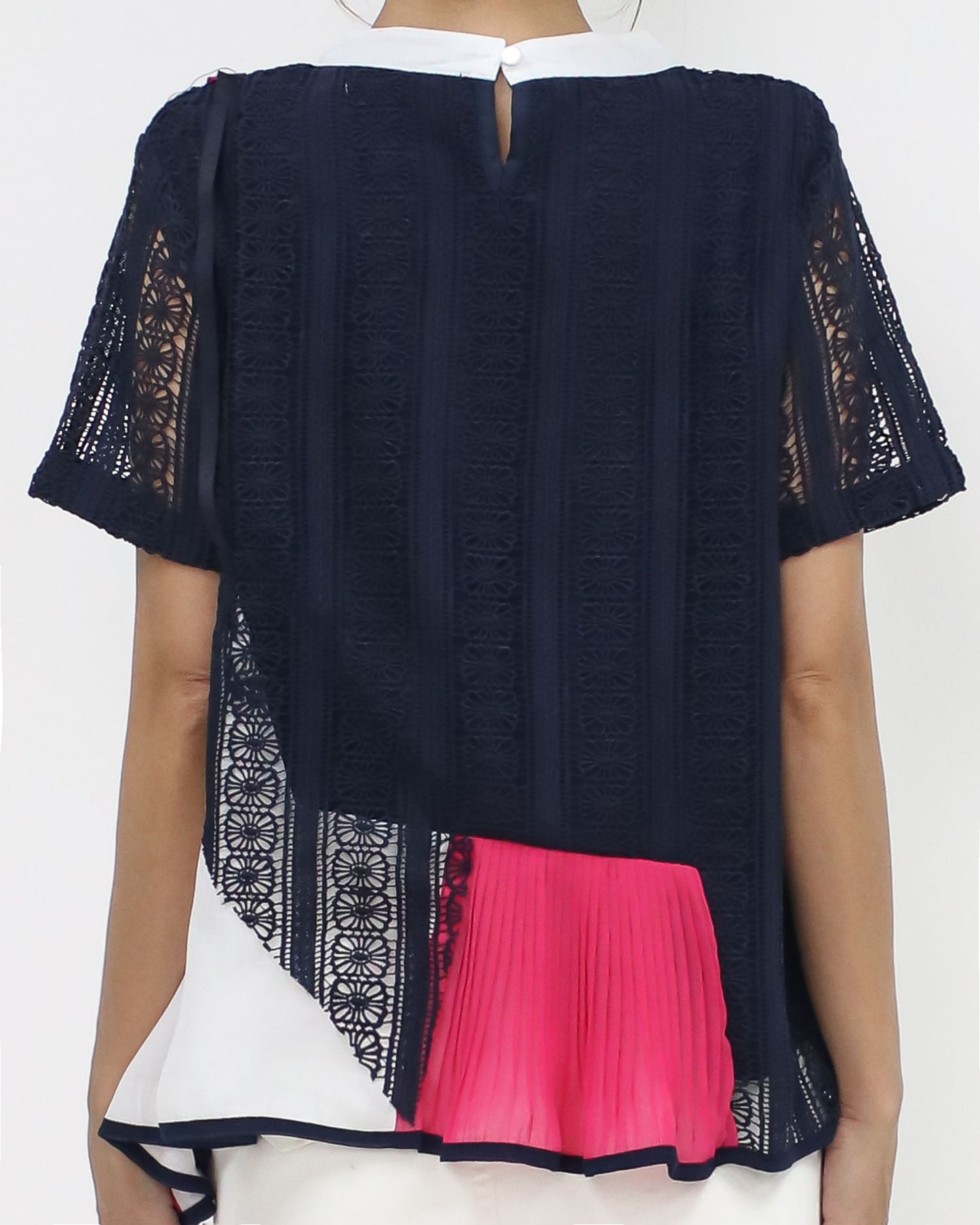 navy w/ pink ivory pleats mesh top