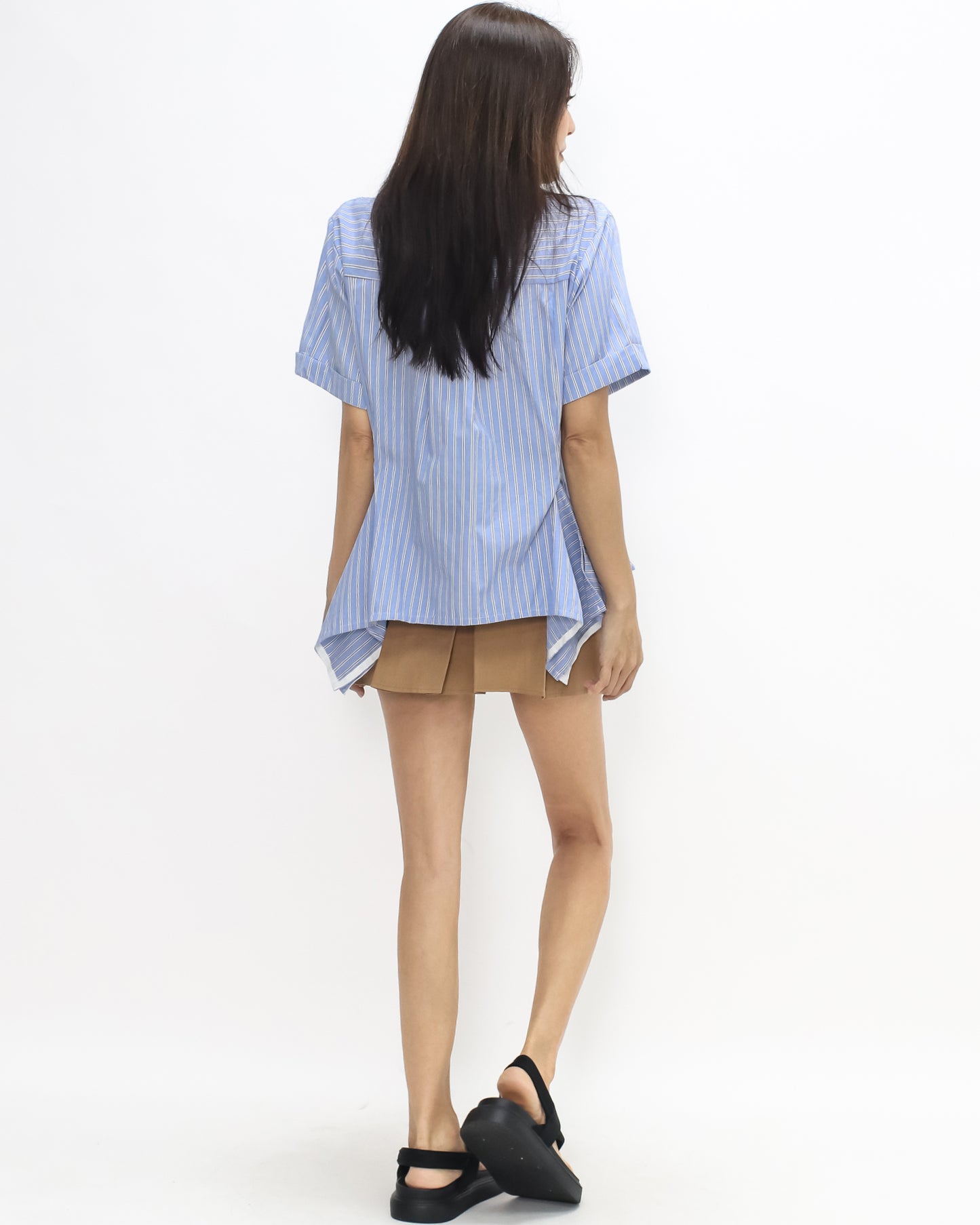 Blue & ivory stripes pleats sides shirt *pre-order*