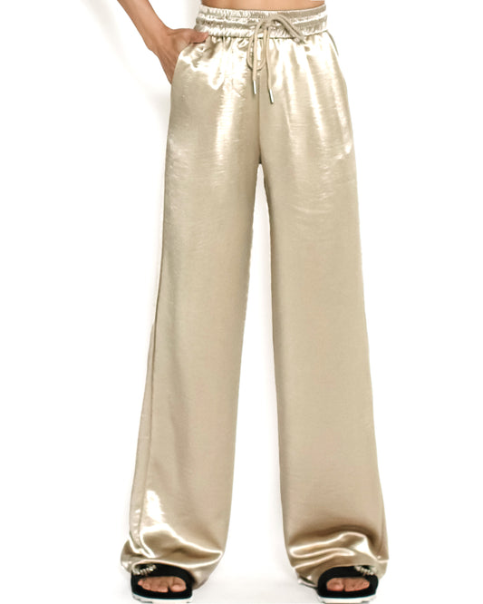 beige shiny straight leg pants *pre-order*