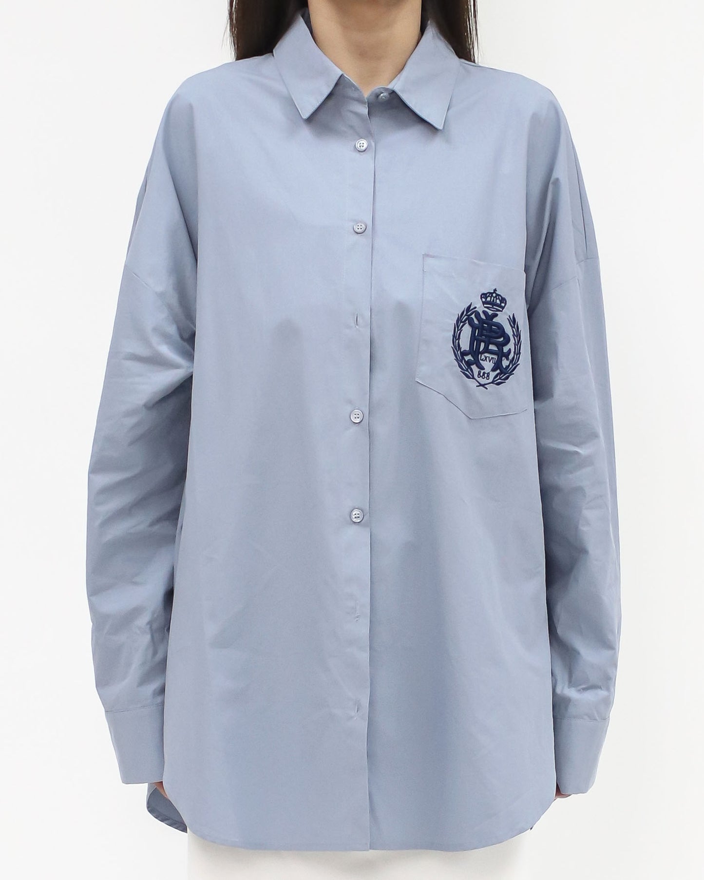blue embroidered pocket shirt