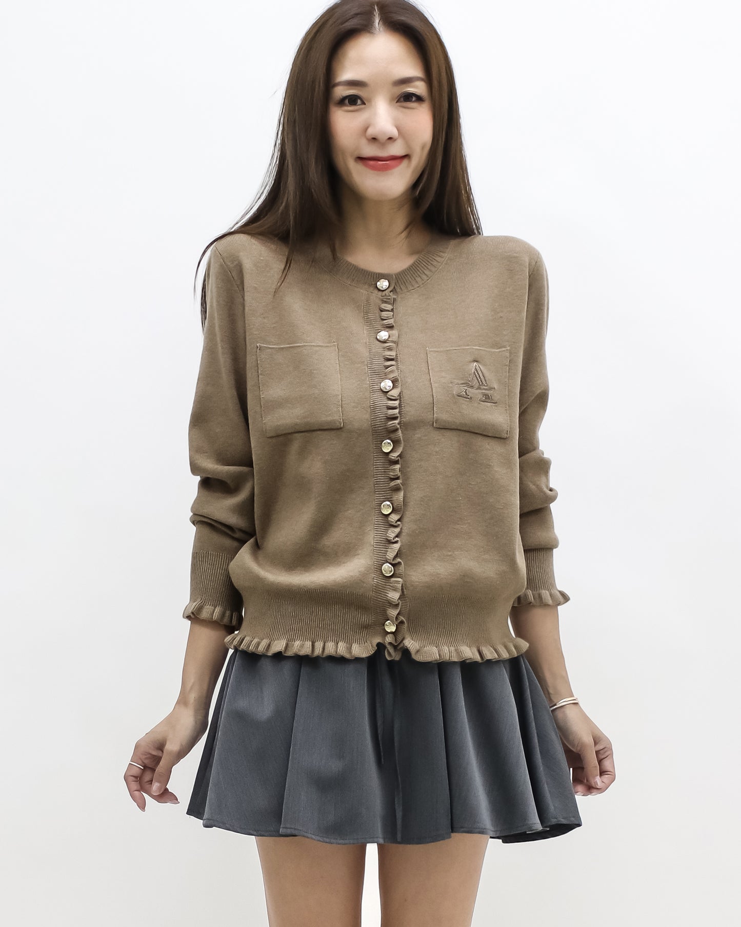 beige ruffles hem w/ embroidered front knitted cardigan