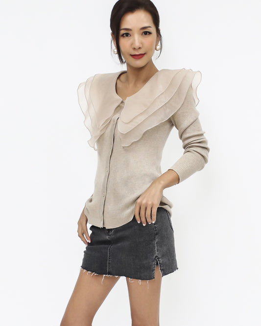 beige mesh layers collar knitted cardigan