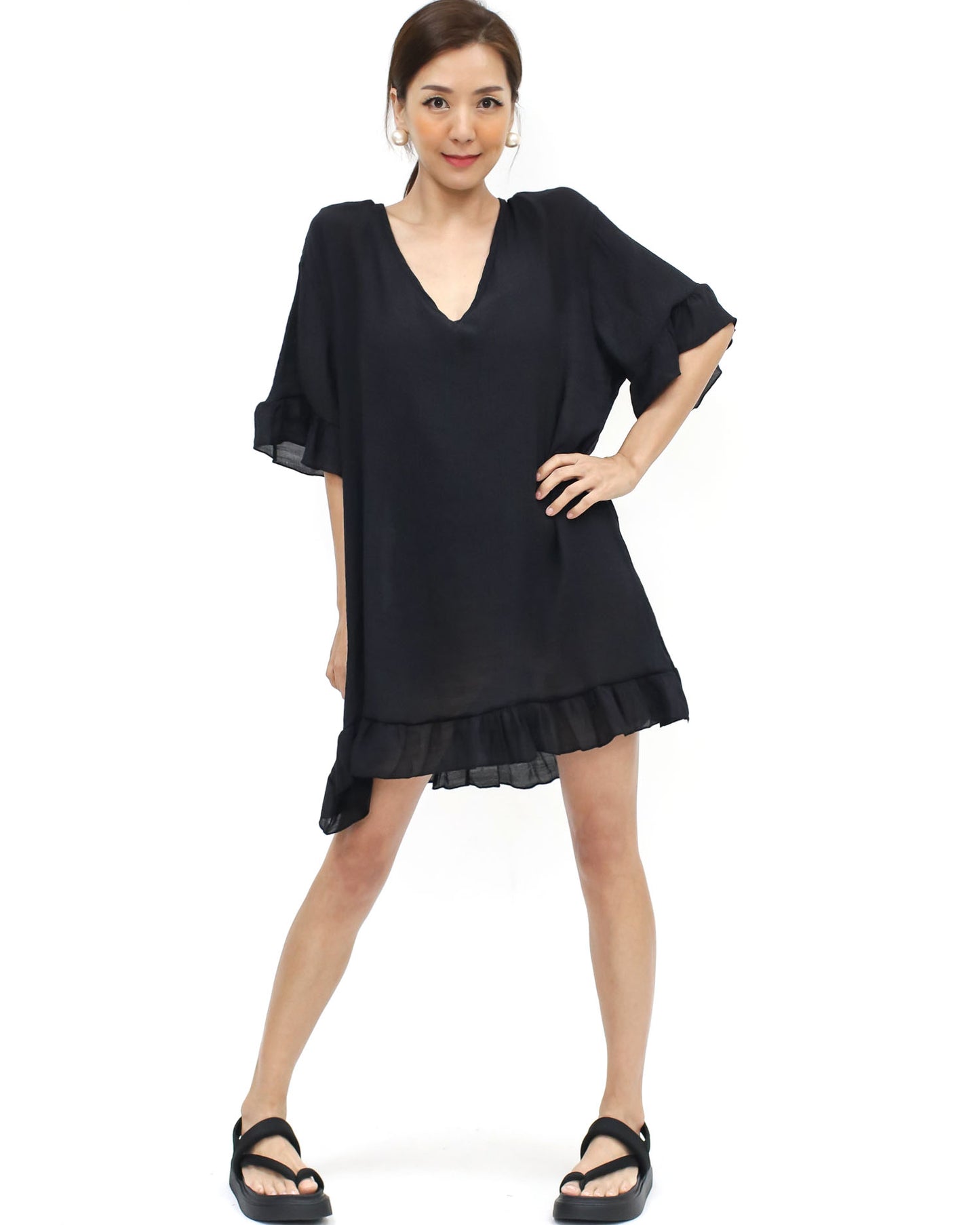 black soft ruffles hem cover up dress *pre-order*