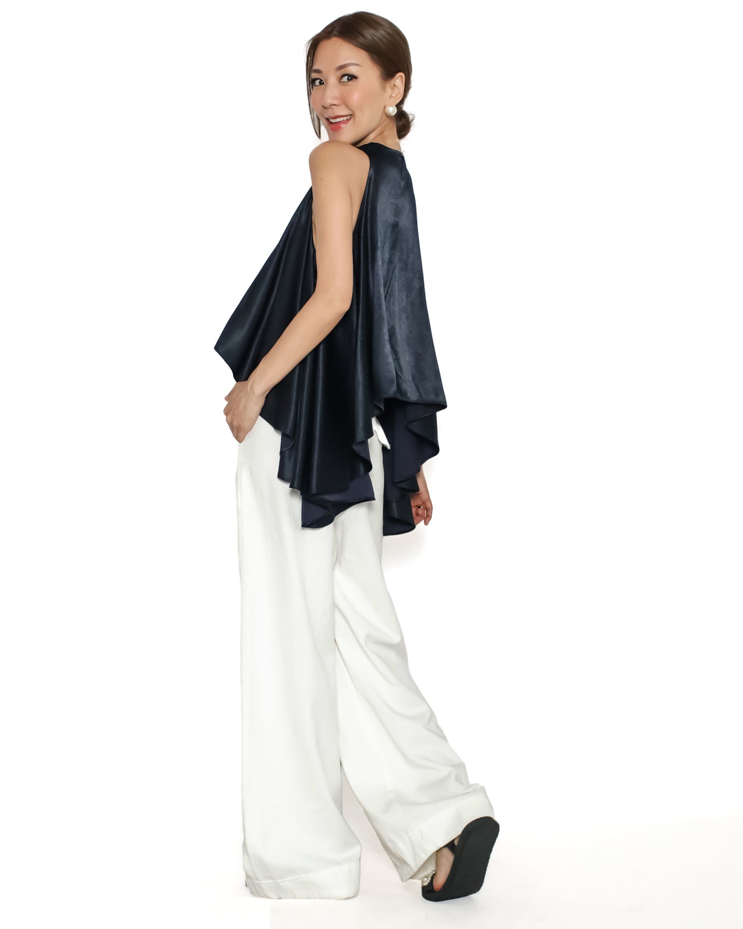 navy satin asymmetric hem vest