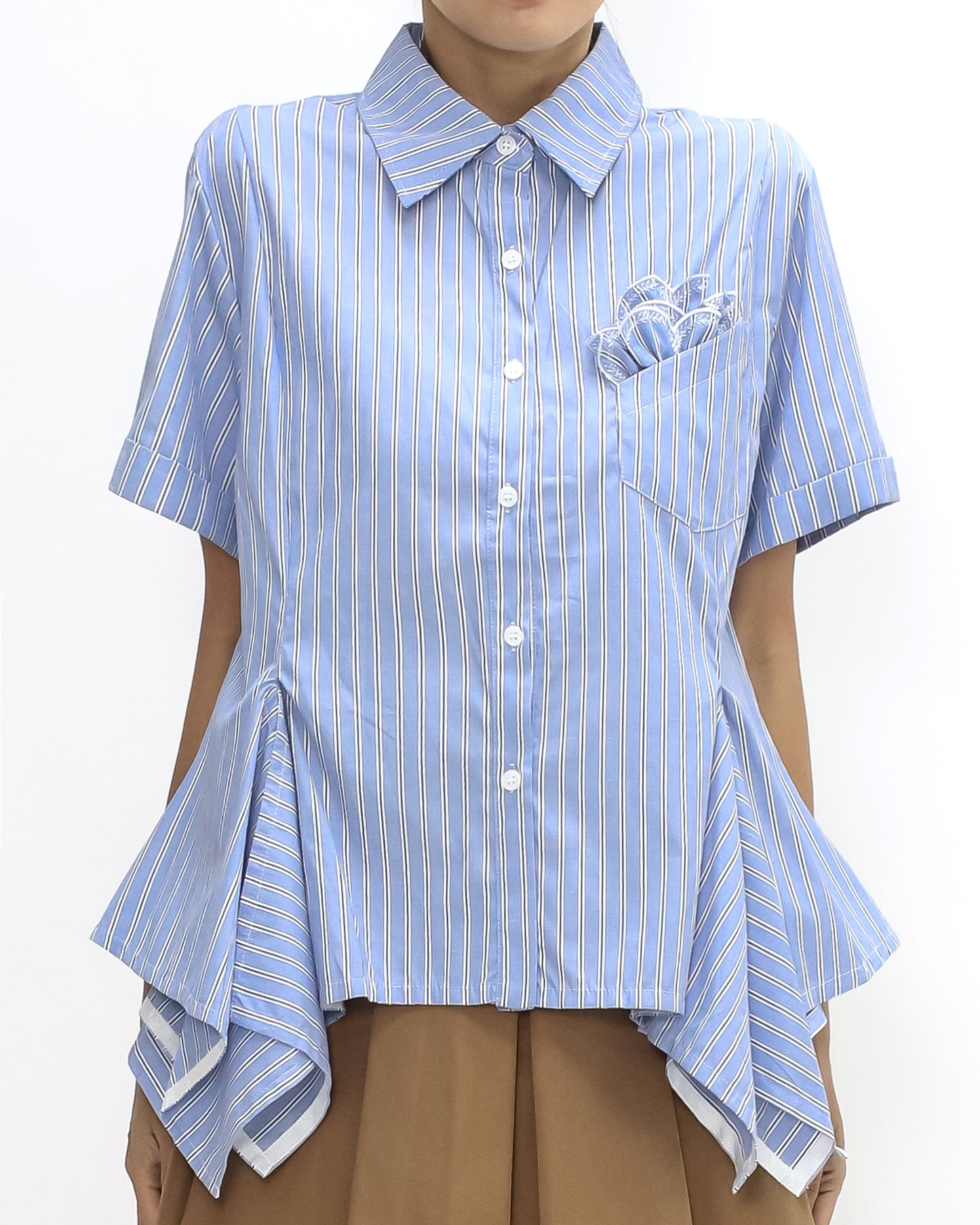 Blue & ivory stripes pleats sides shirt *pre-order*