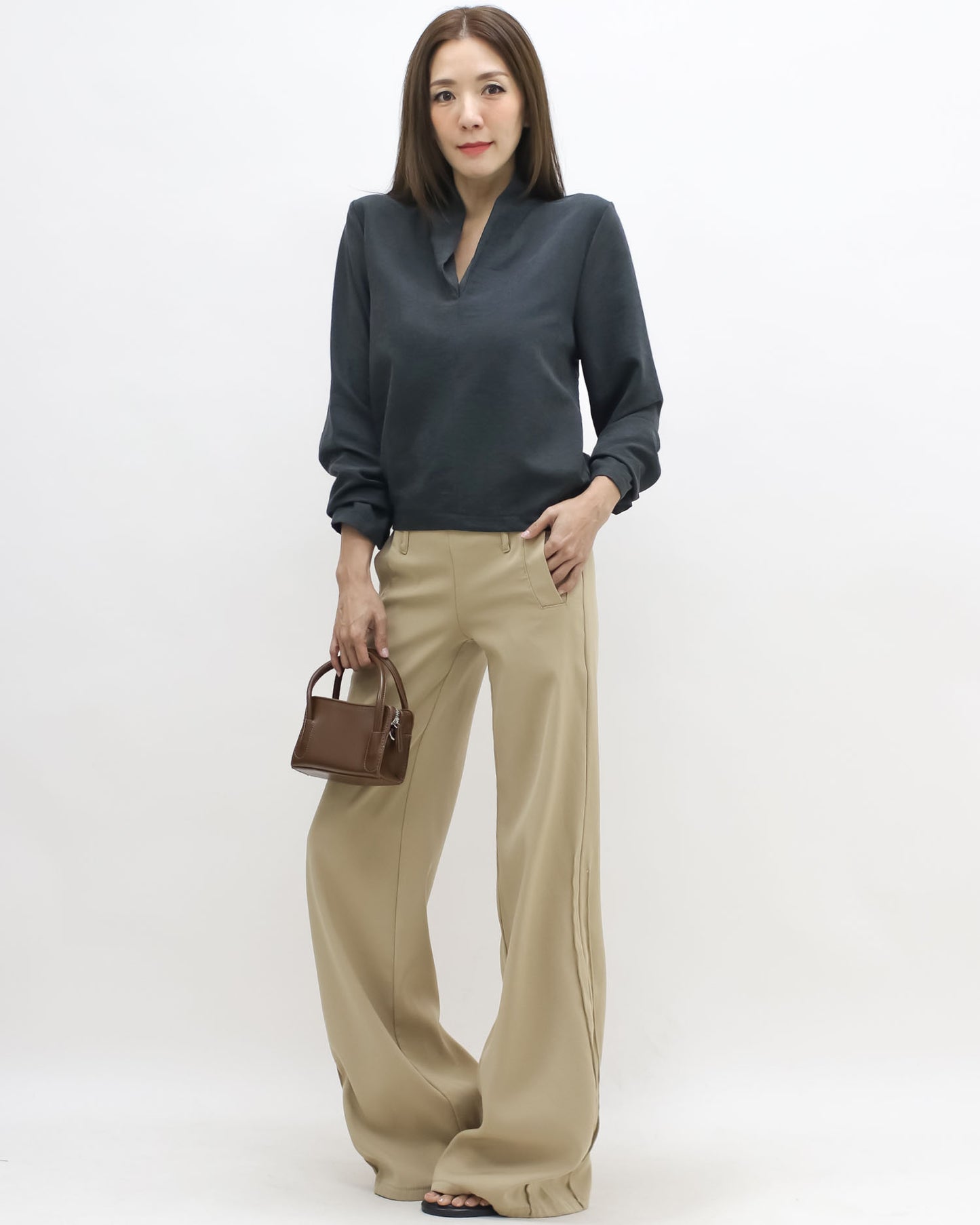 charcoal grey V neck top