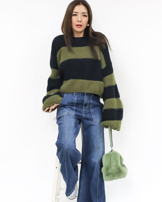 black knitted & green fluffy stripes top *pre-order*
