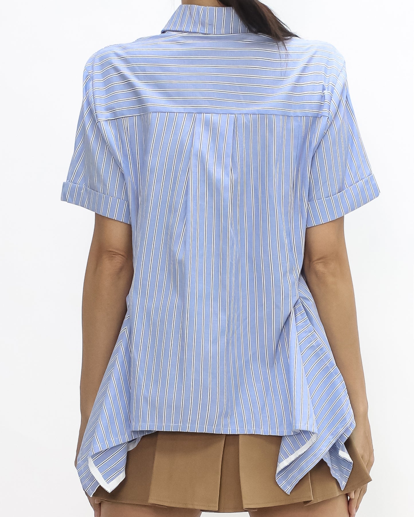 Blue & ivory stripes pleats sides shirt *pre-order*