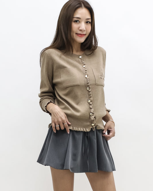 beige ruffles hem w/ embroidered front knitted cardigan