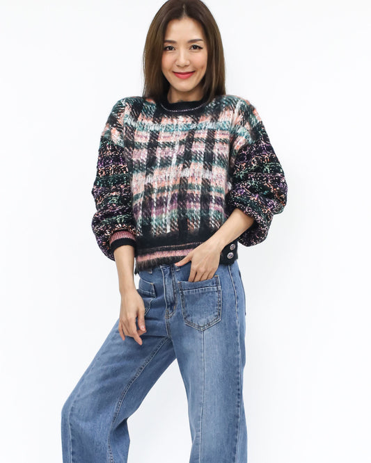 black w/ pink blue checkers knitted & tweed sleeves top