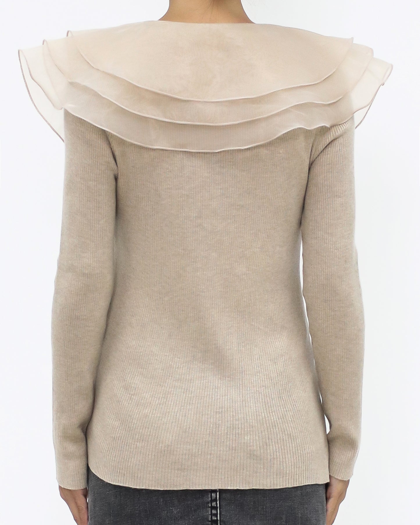 beige mesh layers collar knitted cardigan