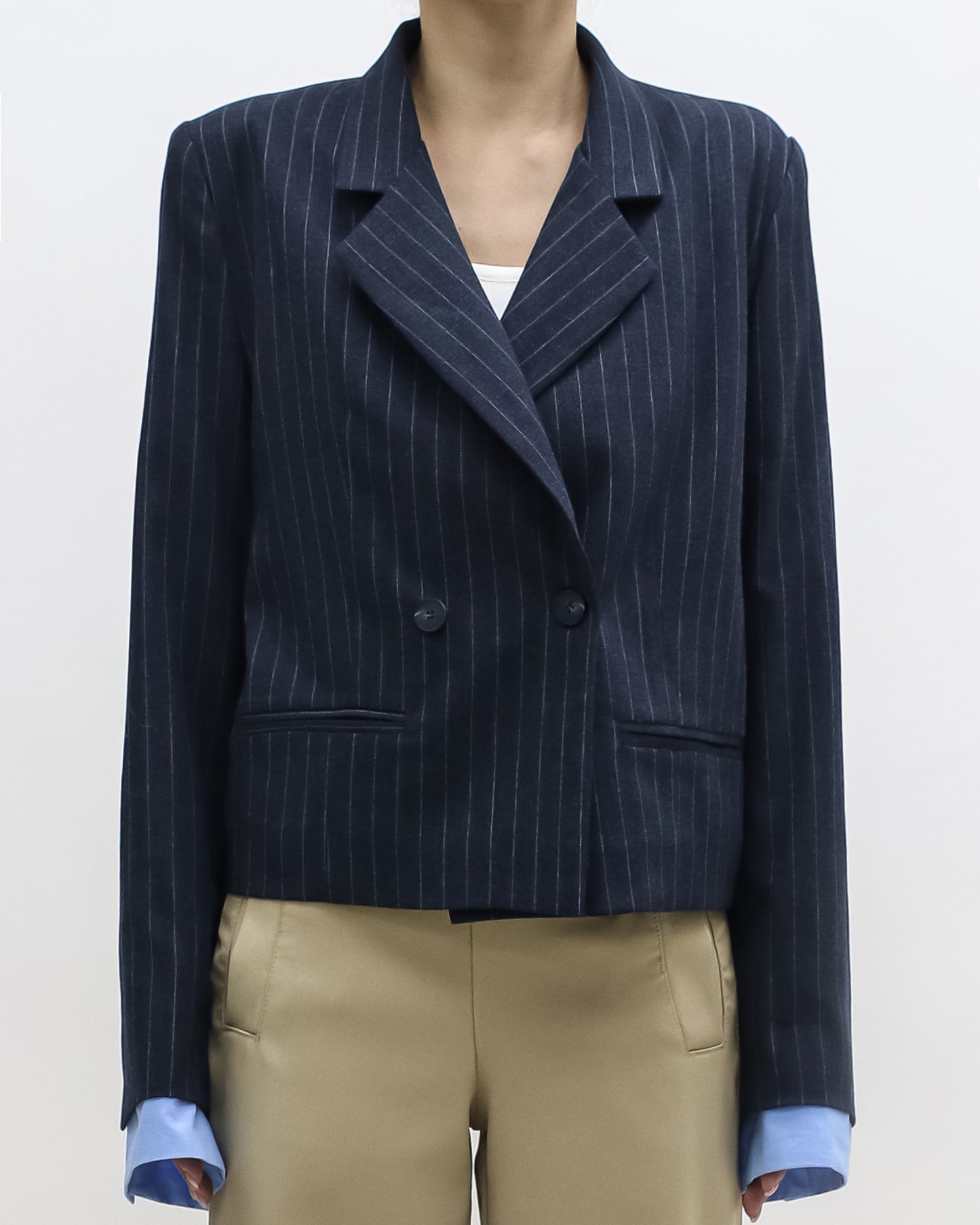 navy stripes w/ blue shirt cuffs blazer