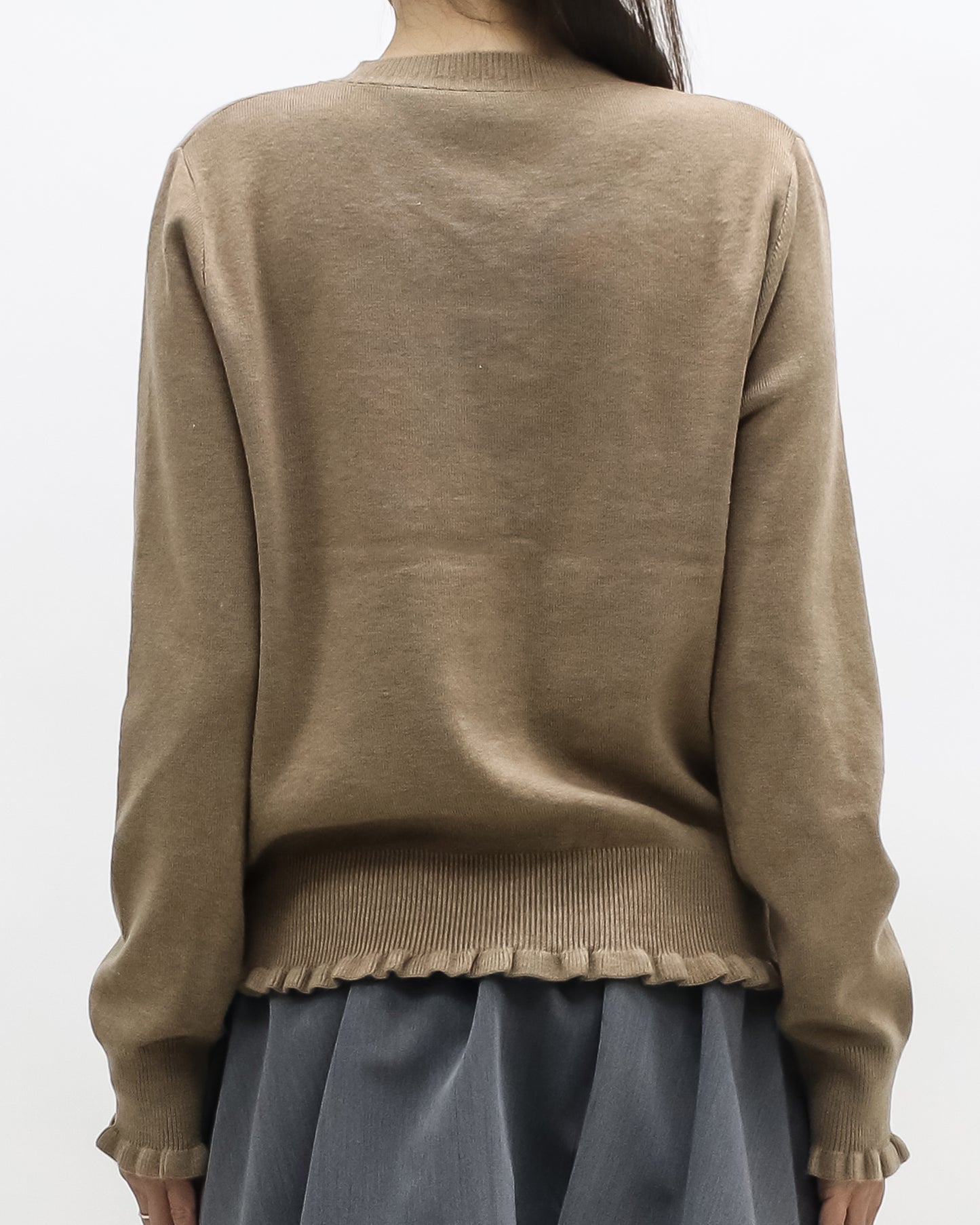 beige ruffles hem w/ embroidered front knitted cardigan