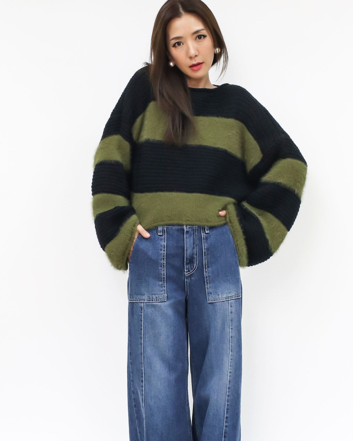 black knitted & green fluffy stripes cropped top