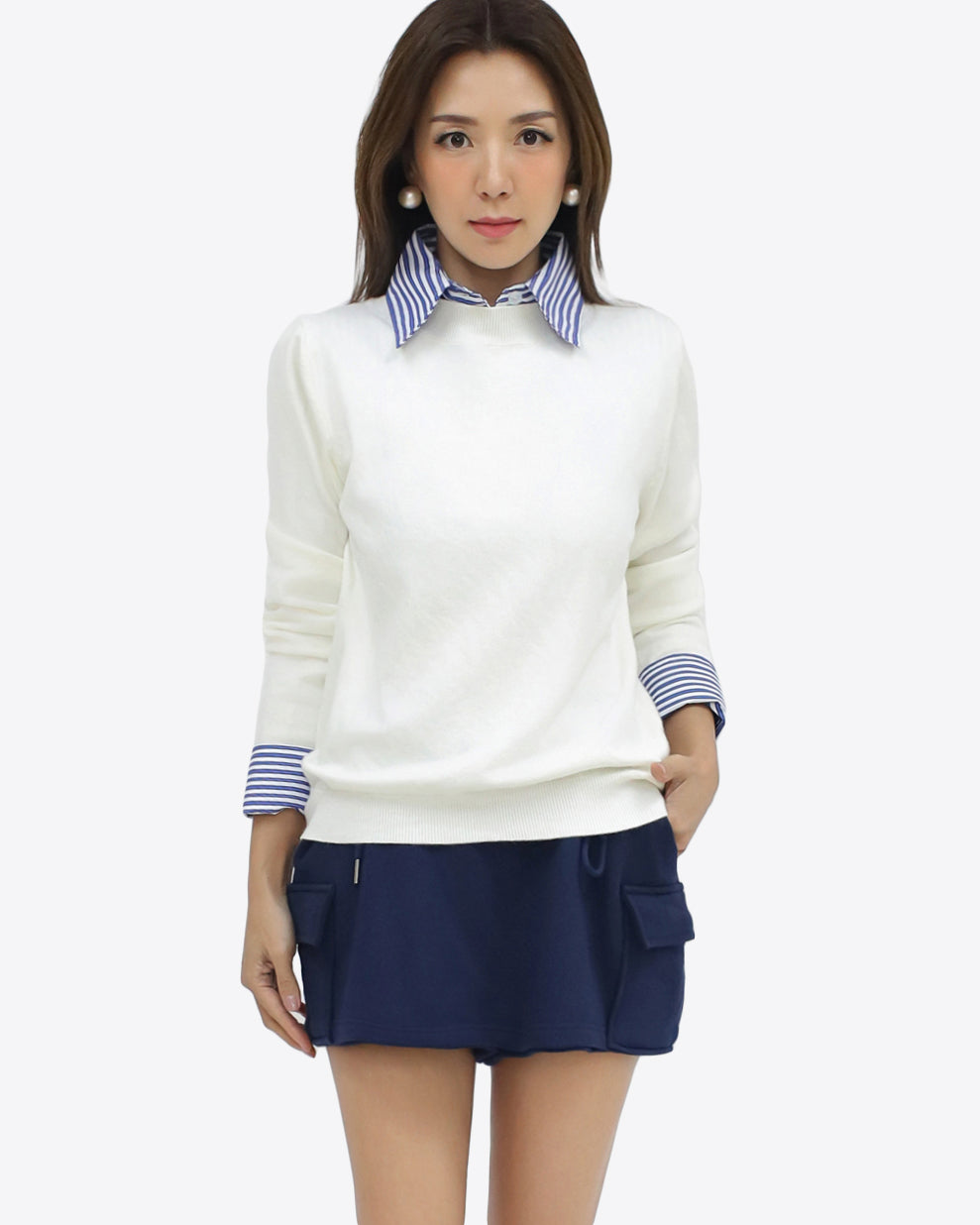 ivory knitted w/ blue stripes shirt collar & cuffs top *pre-order*