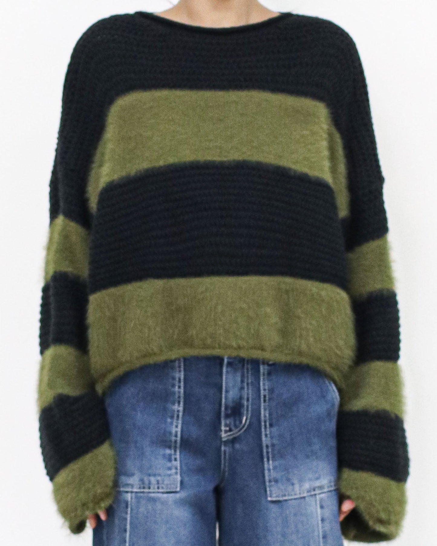 black knitted & green fluffy stripes cropped top