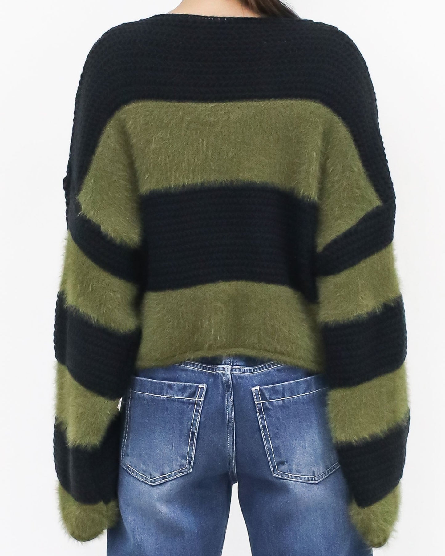 black knitted & green fluffy stripes cropped top