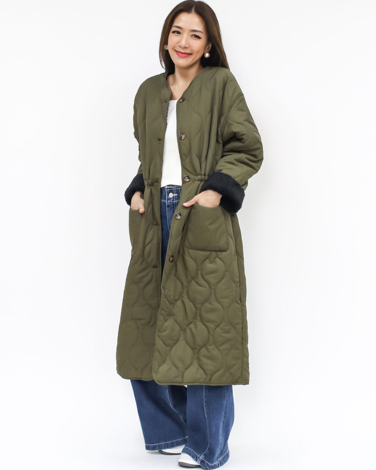 green quilted fleece longline jacket