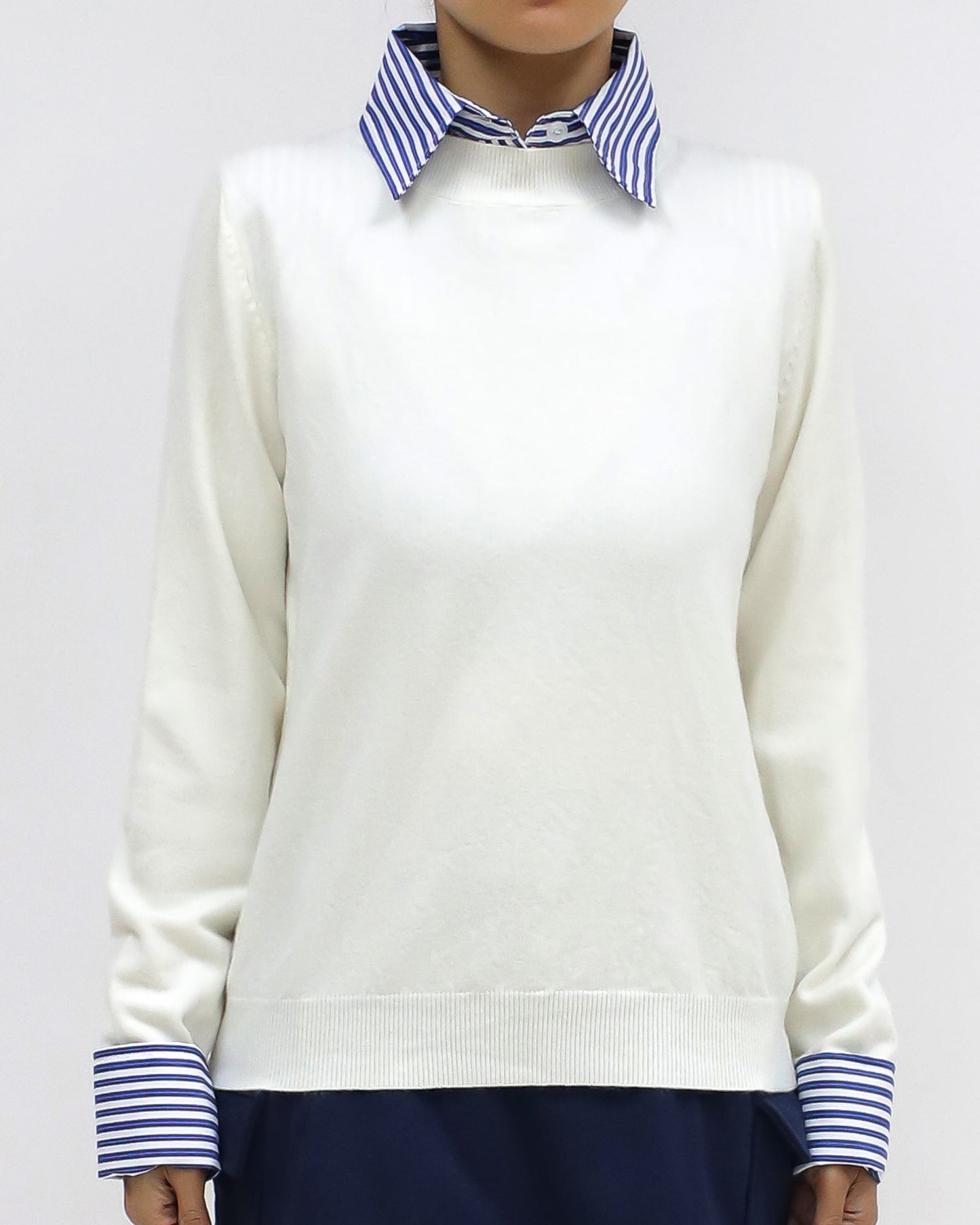 ivory knitted w/ blue stripes shirt collar & cuffs top *pre-order*