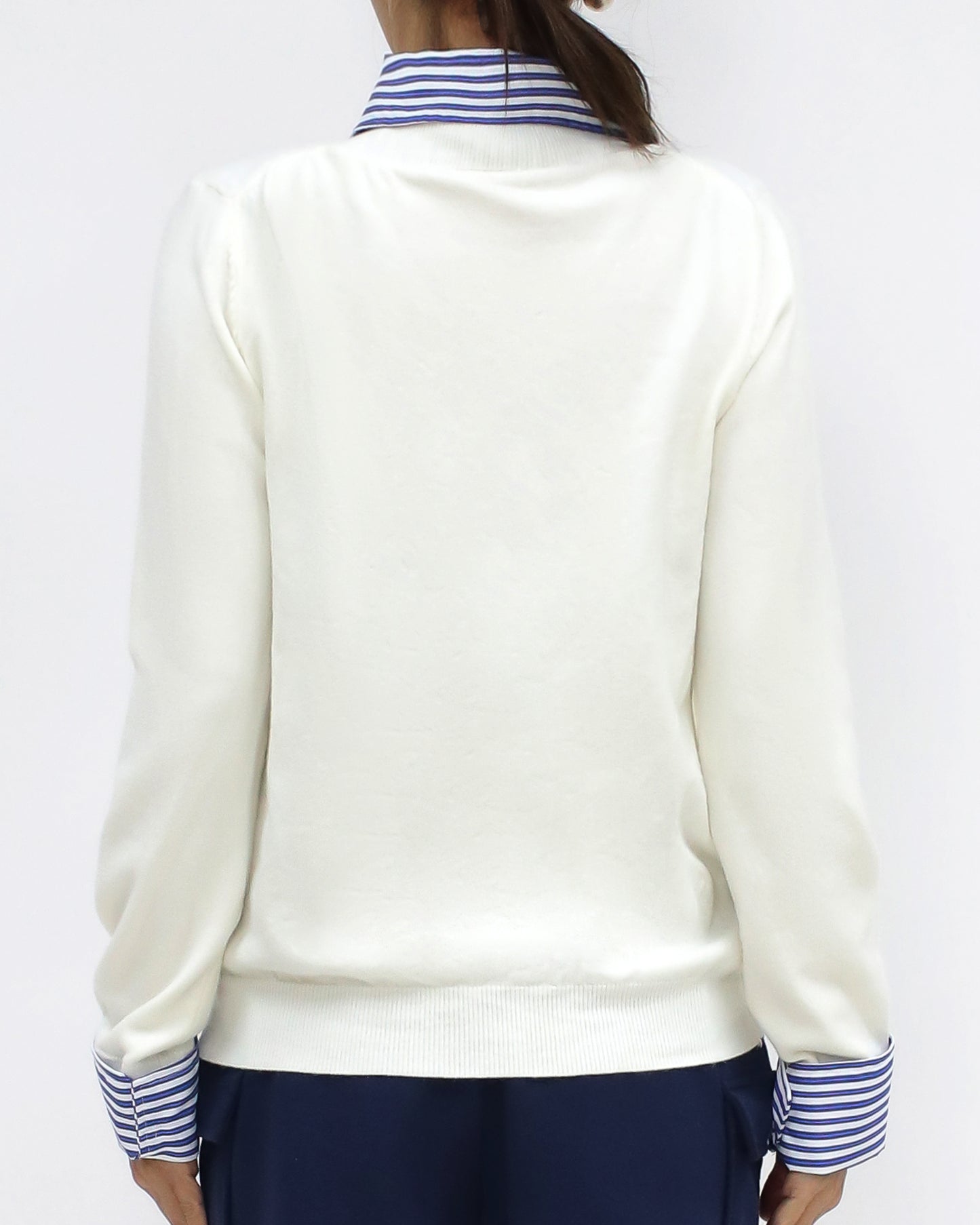 ivory knitted w/ blue stripes shirt collar & cuffs top *pre-order*