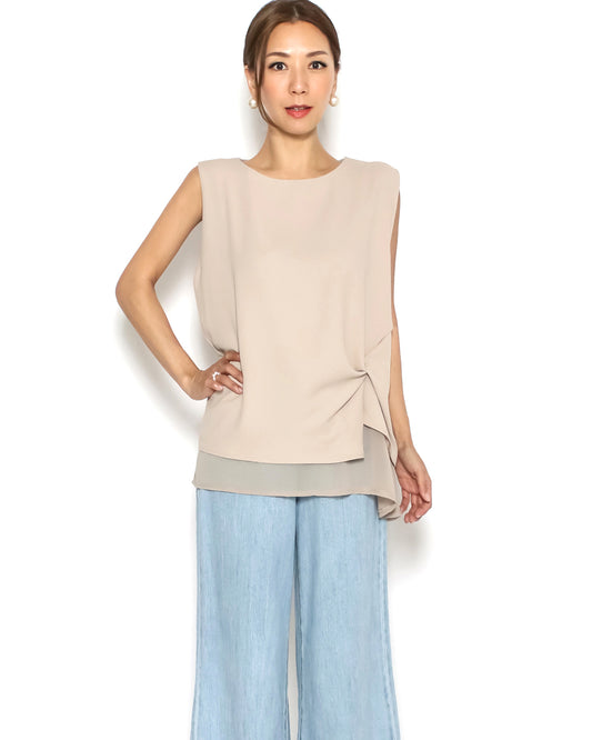 beige mesh layer chiffon vest