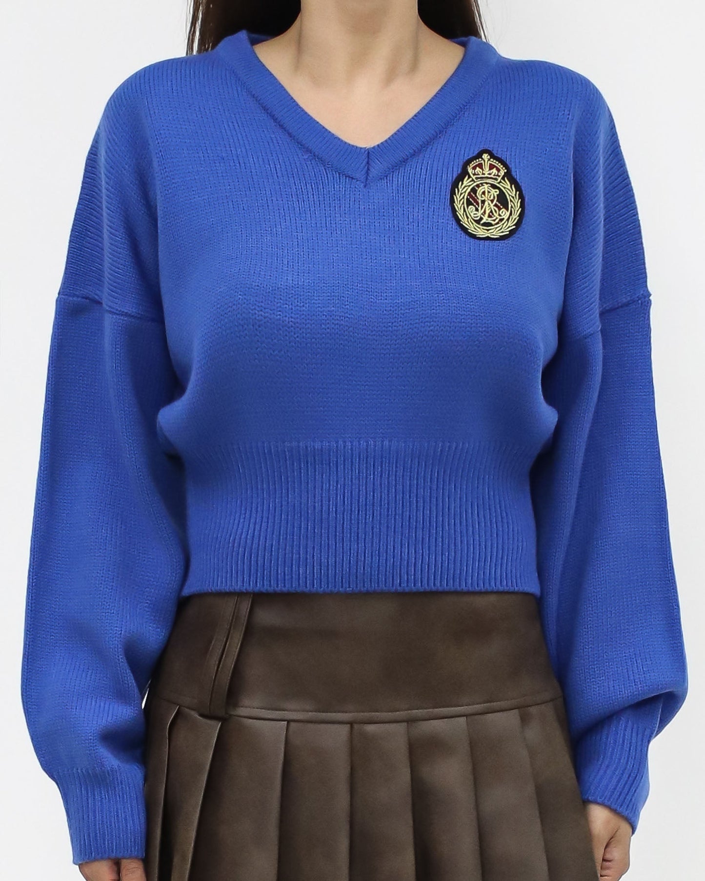 cobalt blue badge front knitted top