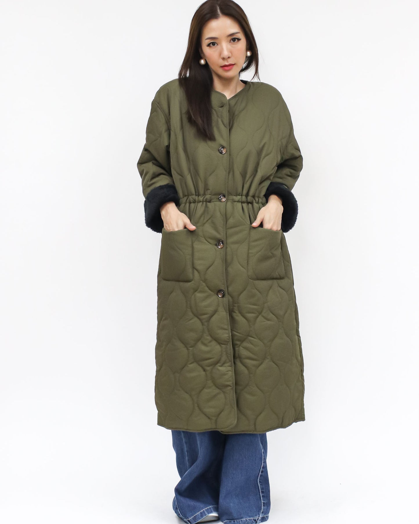 green quilted fleece longline jacket