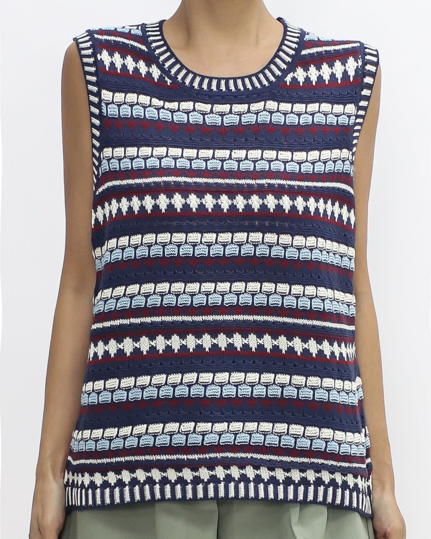 Navy ivory & burgundy stripes pattern knitted vest