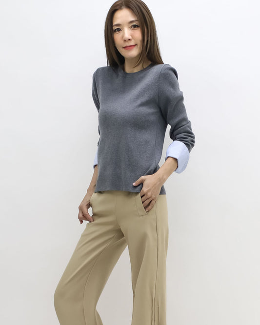 grey w/ blue shirt cuffs knitted top