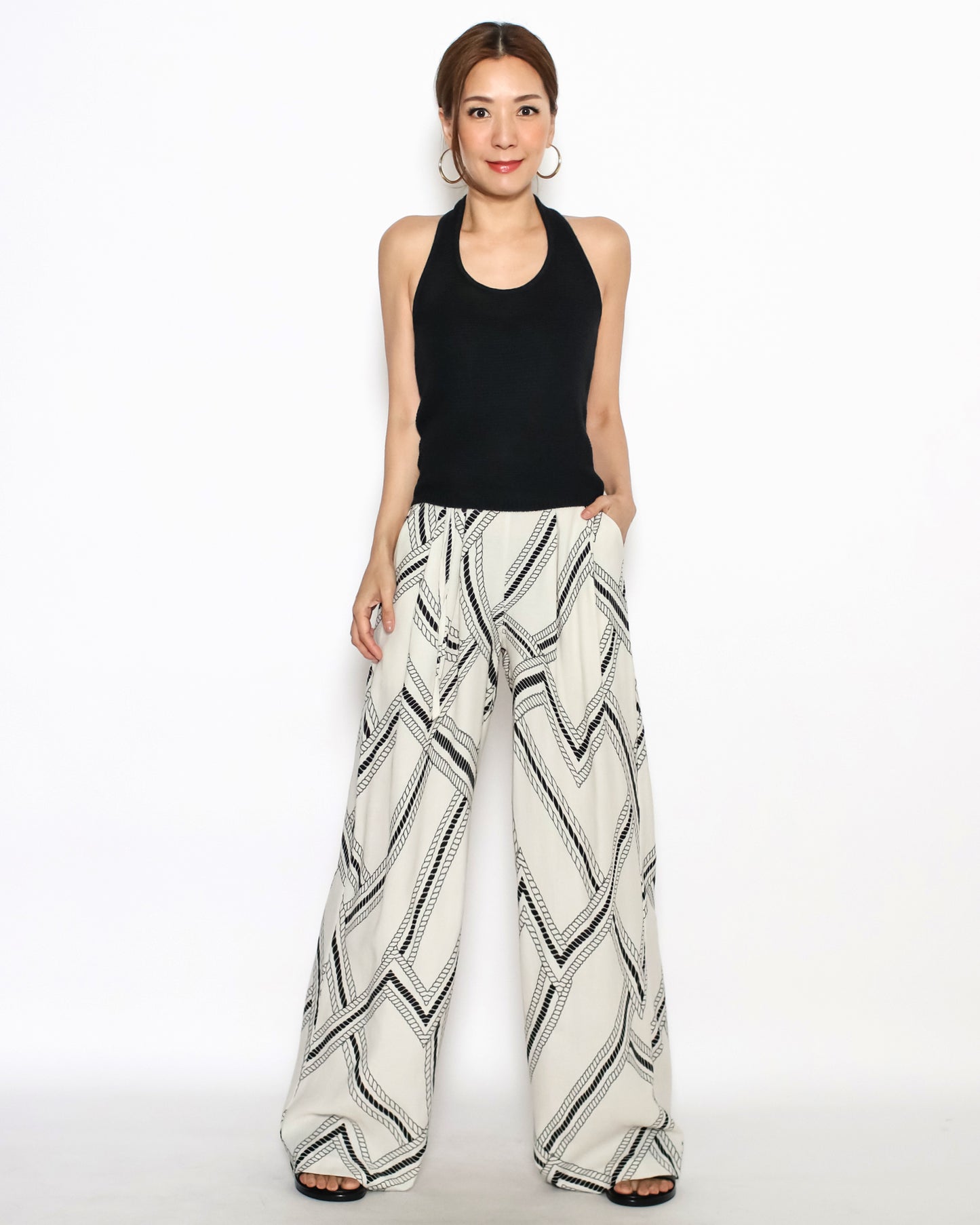 beige printed linen wide legs pants *pre-order*