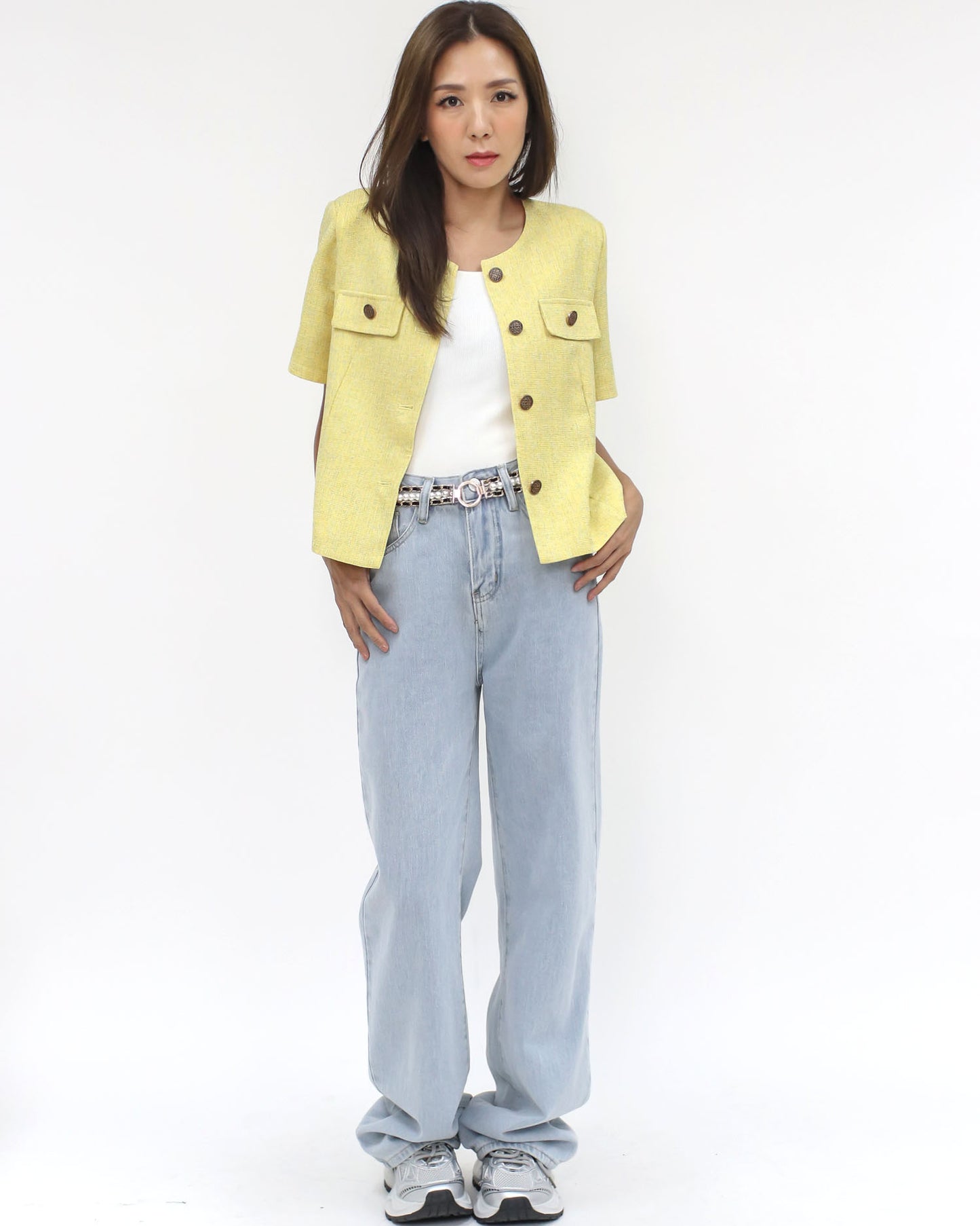 yellow linen short sleeves jacket