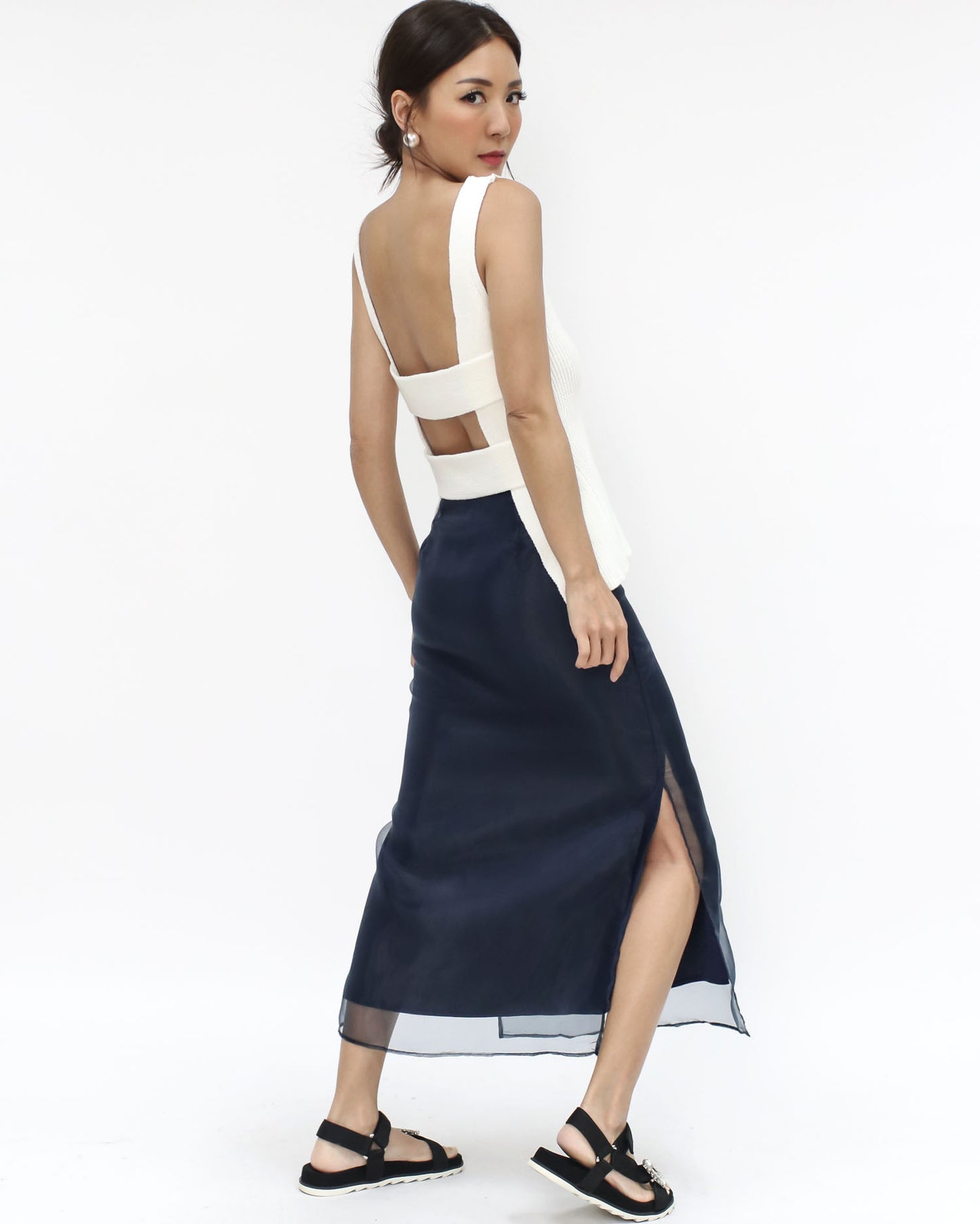 navy mesh layer midi skirt