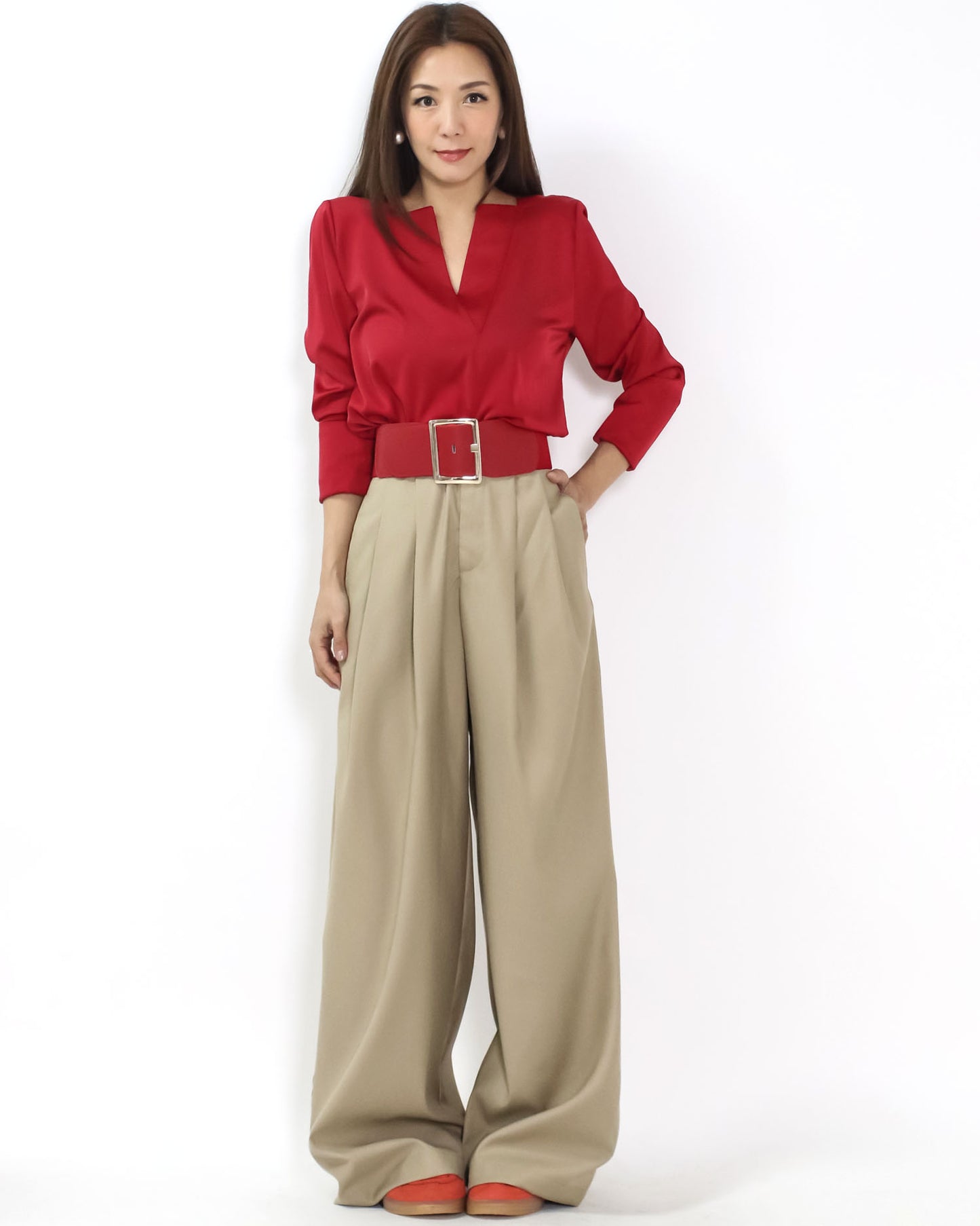 red asymmetric neckline slinky shirt *pre-order*