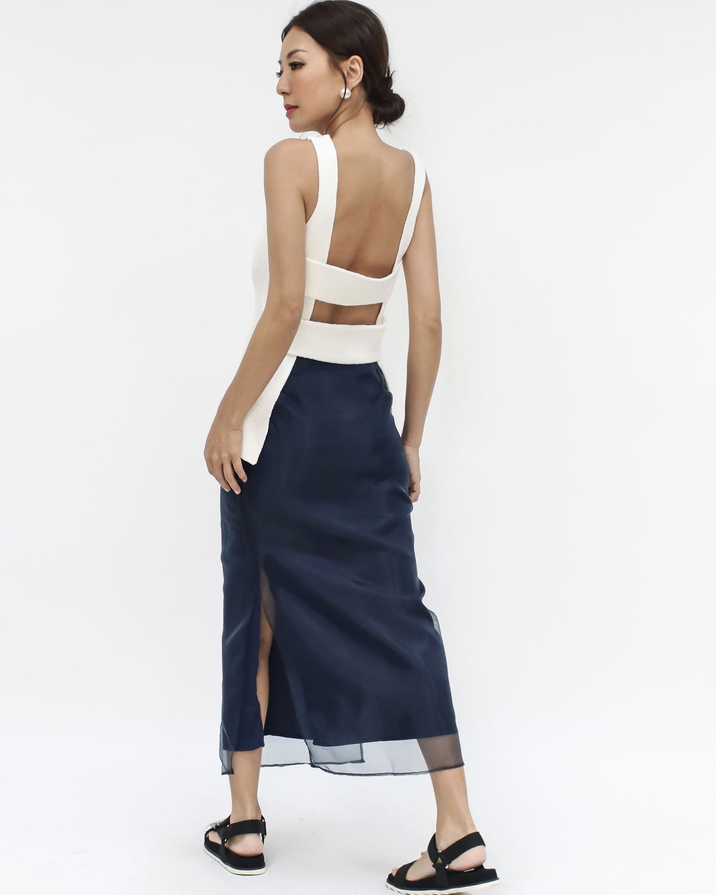 navy mesh layer midi skirt