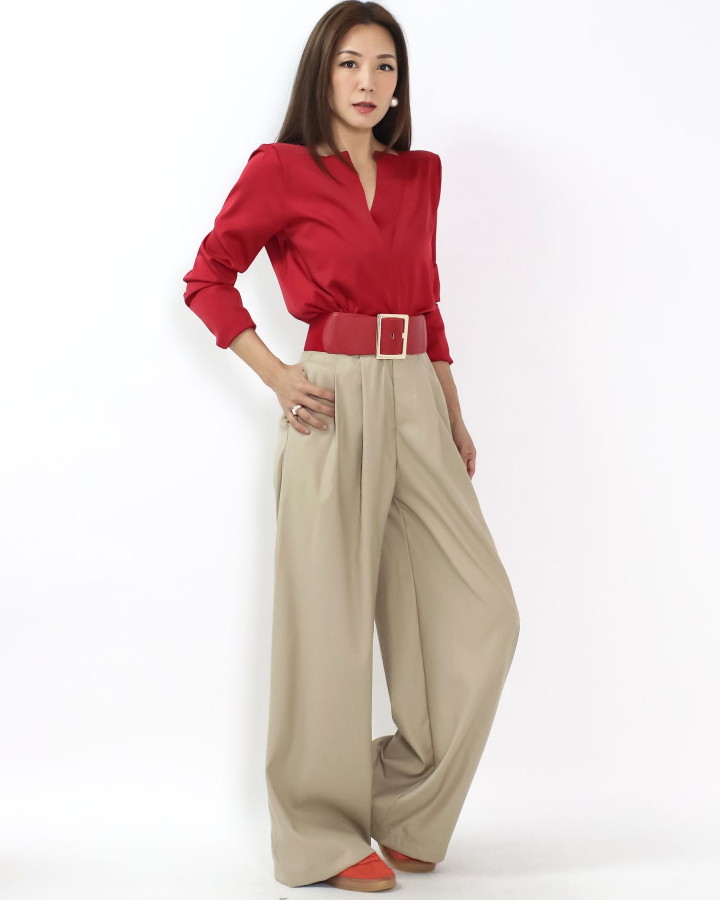red asymmetric neckline slinky shirt *pre-order*