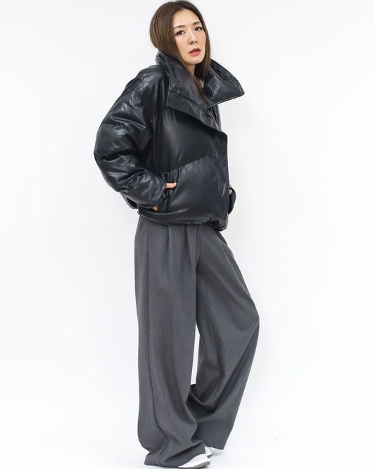 black fold collar PU leather quilted jacket