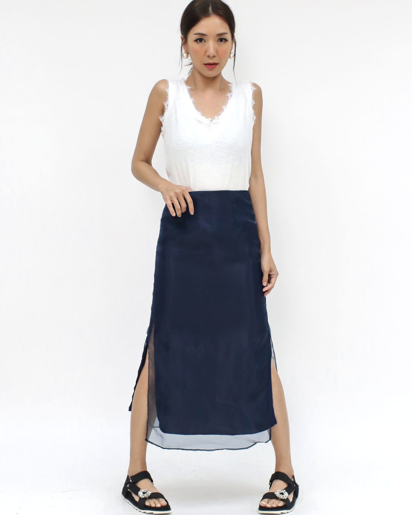 navy mesh layer midi skirt