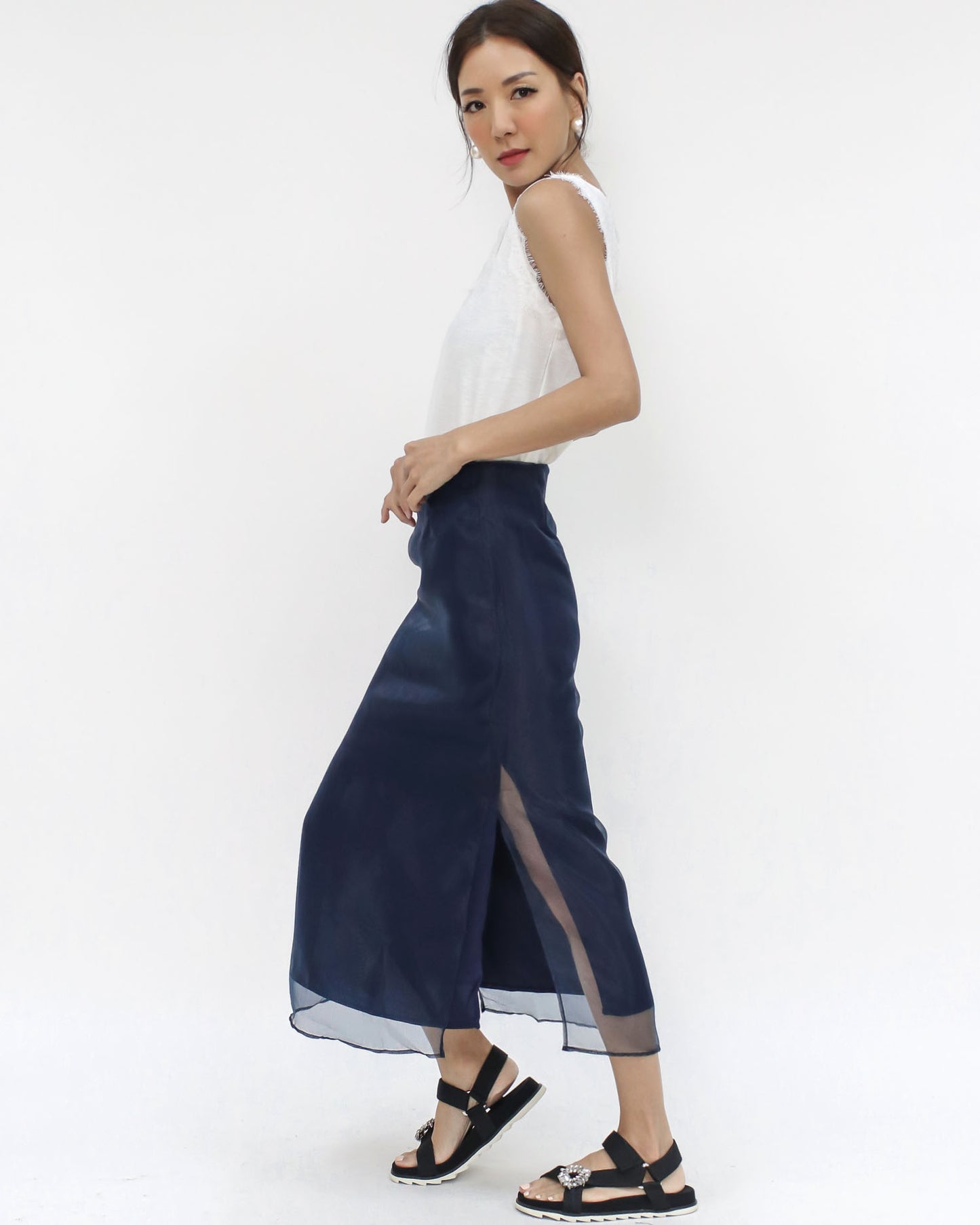 navy mesh layer midi skirt