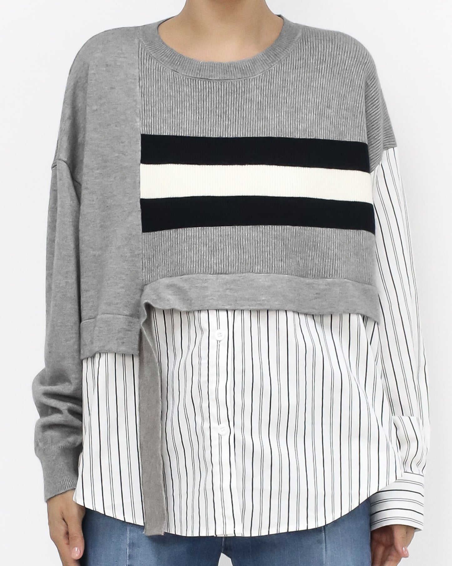 grey w/ black ivory stripes & stripes shirt contrast top *pre-order*