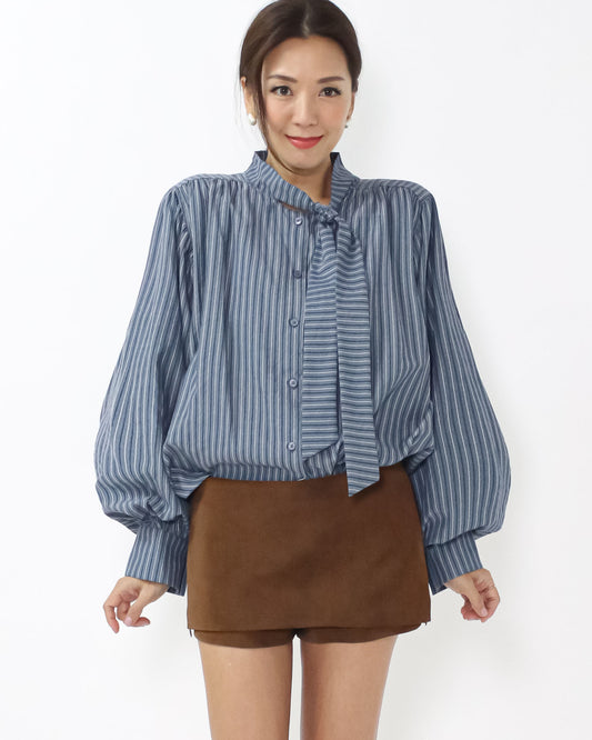 blue w/ ivory stripes tie-up neck puff sleeves shirt