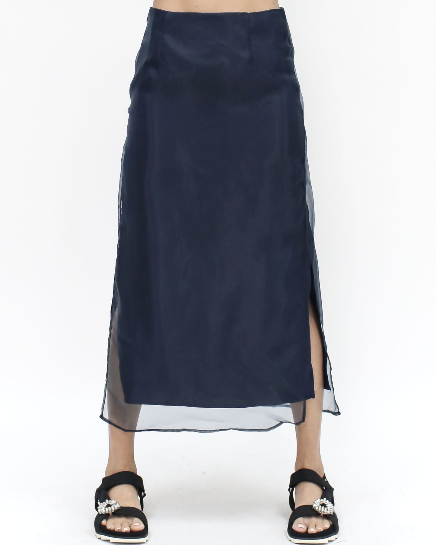 navy mesh layer midi skirt