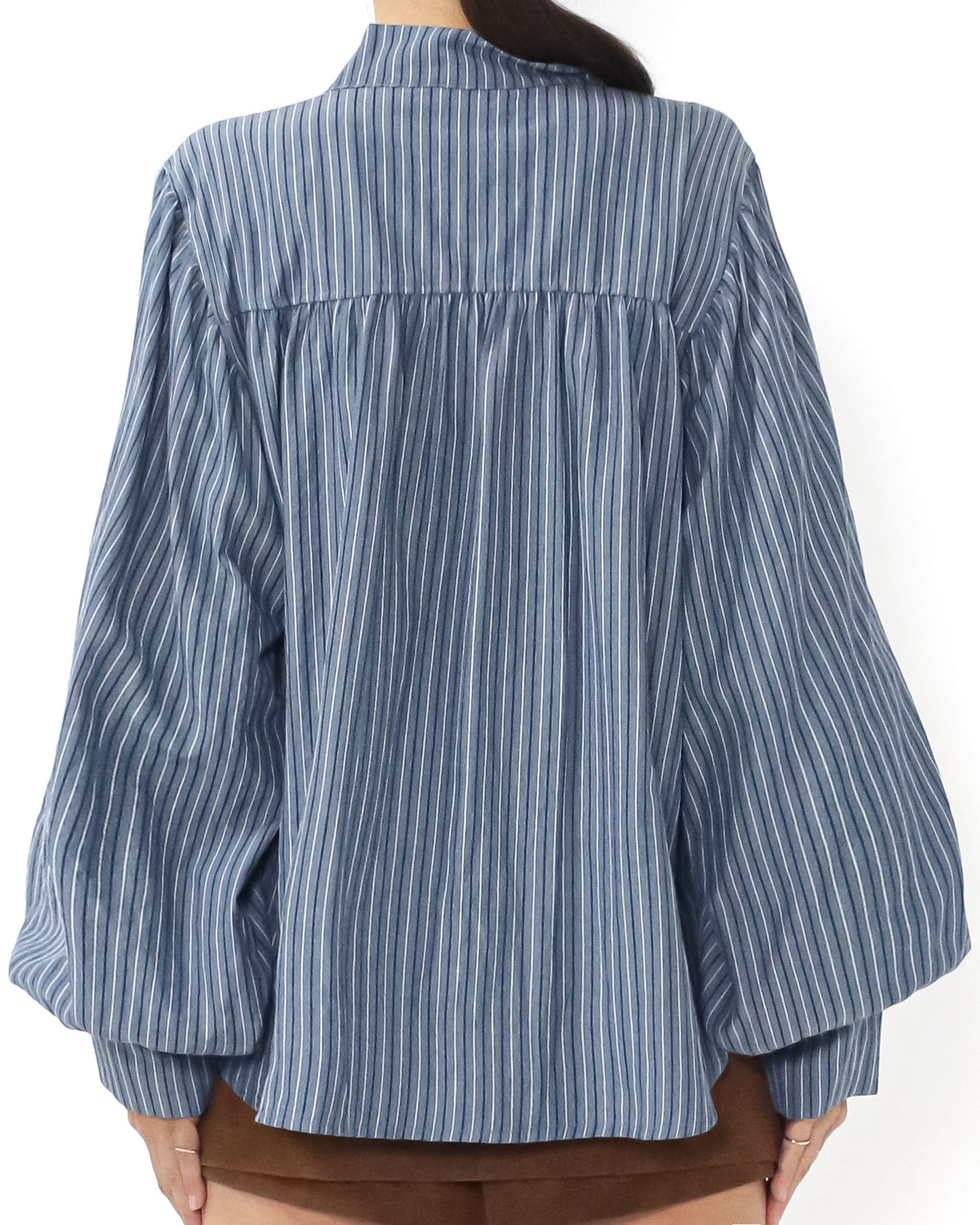 blue w/ ivory stripes tie-up neck puff sleeves shirt *pre-order*