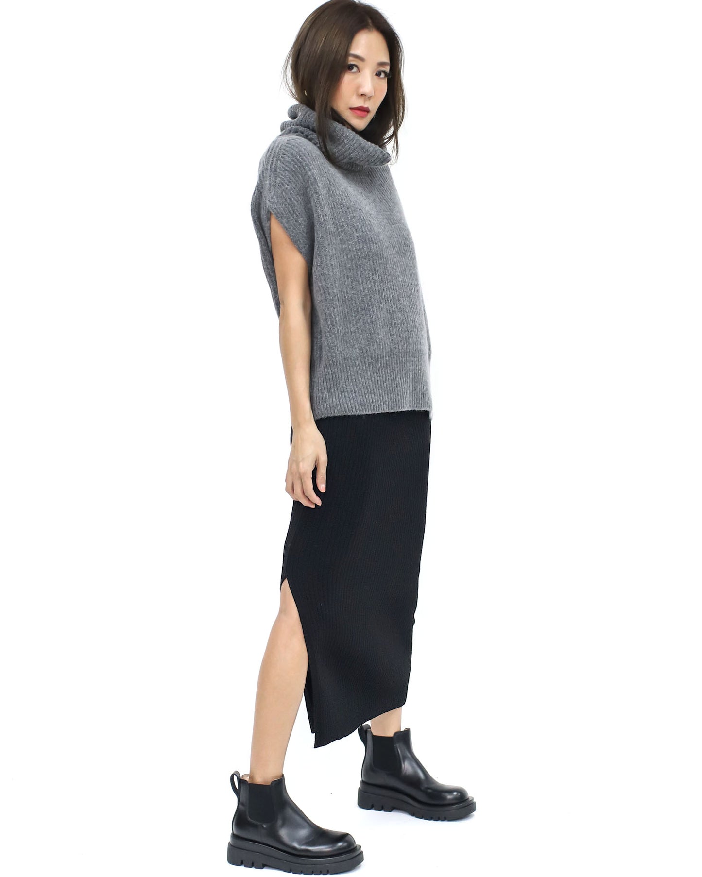 grey roll neck drop shoulder vest knitted top *pre-order*