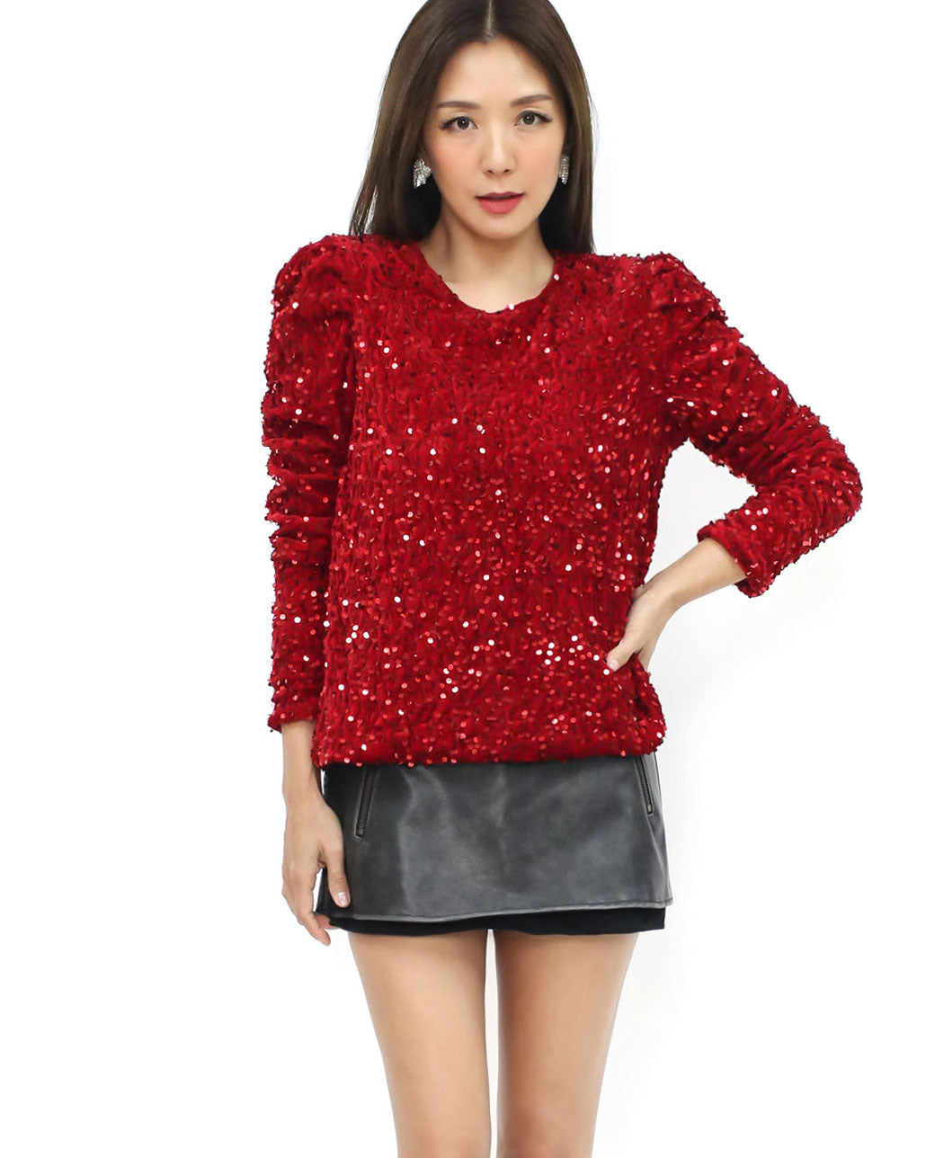 red sequins puff shoulders top