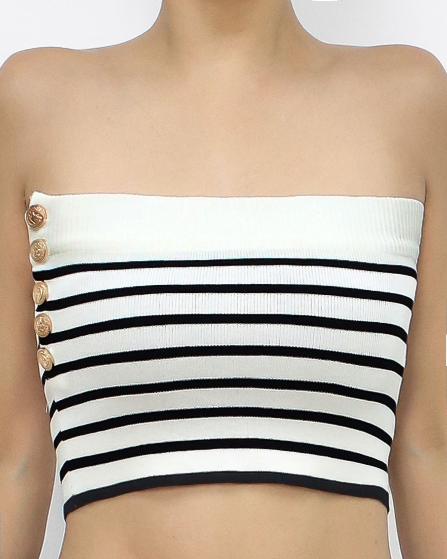 ivory & black stripes gold button knitted tube top