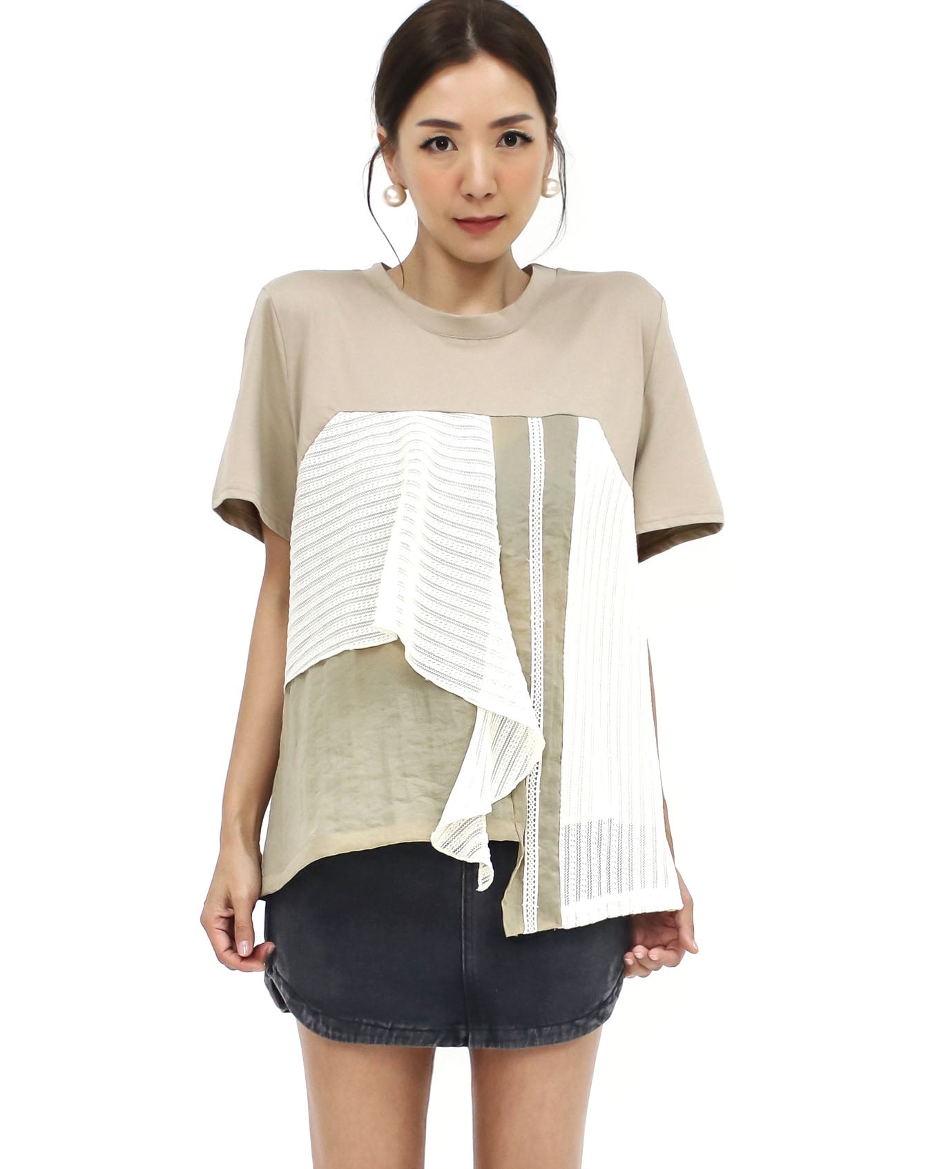 beige w/ ivory cage ruffles tee