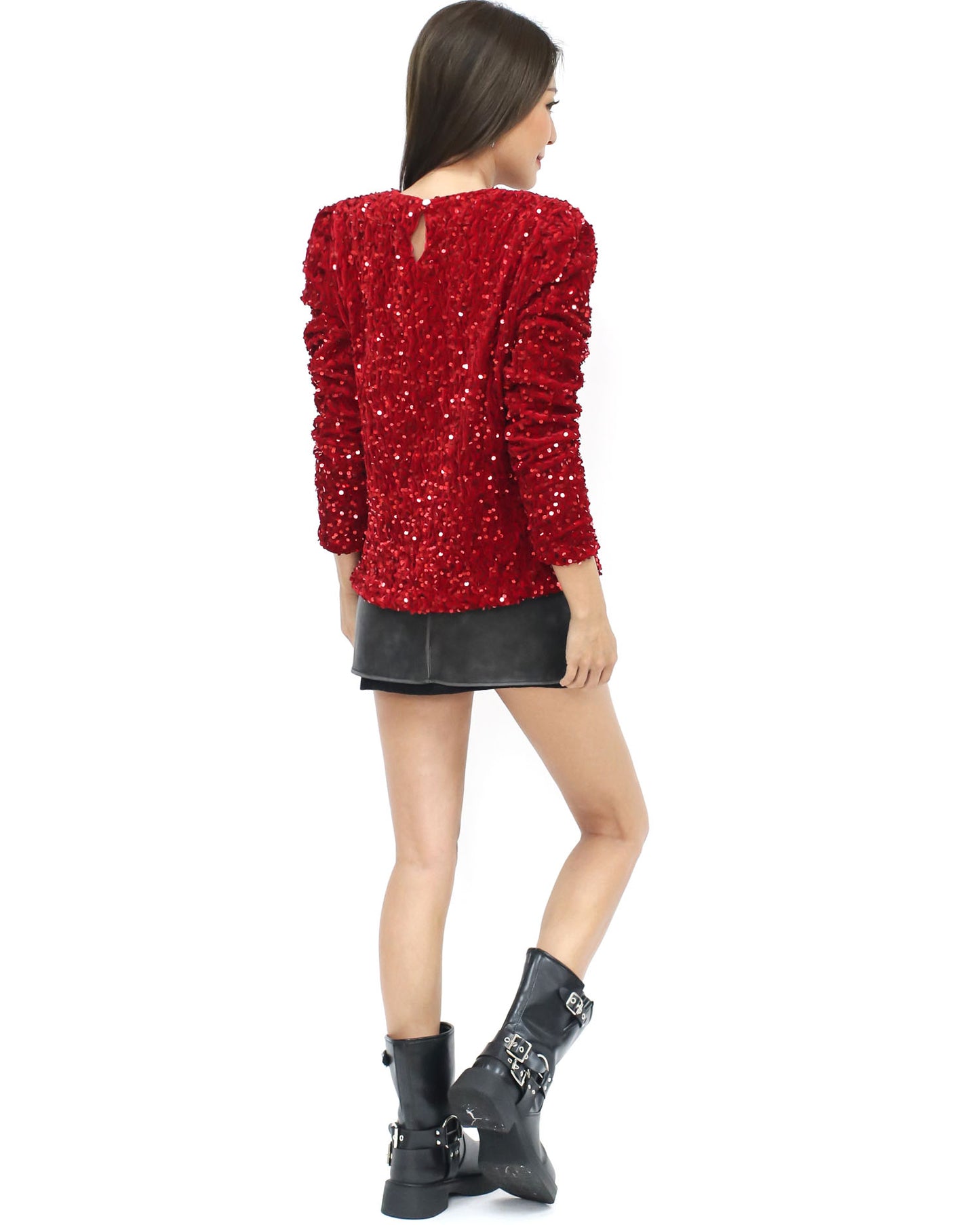 red sequins puff shoulders top