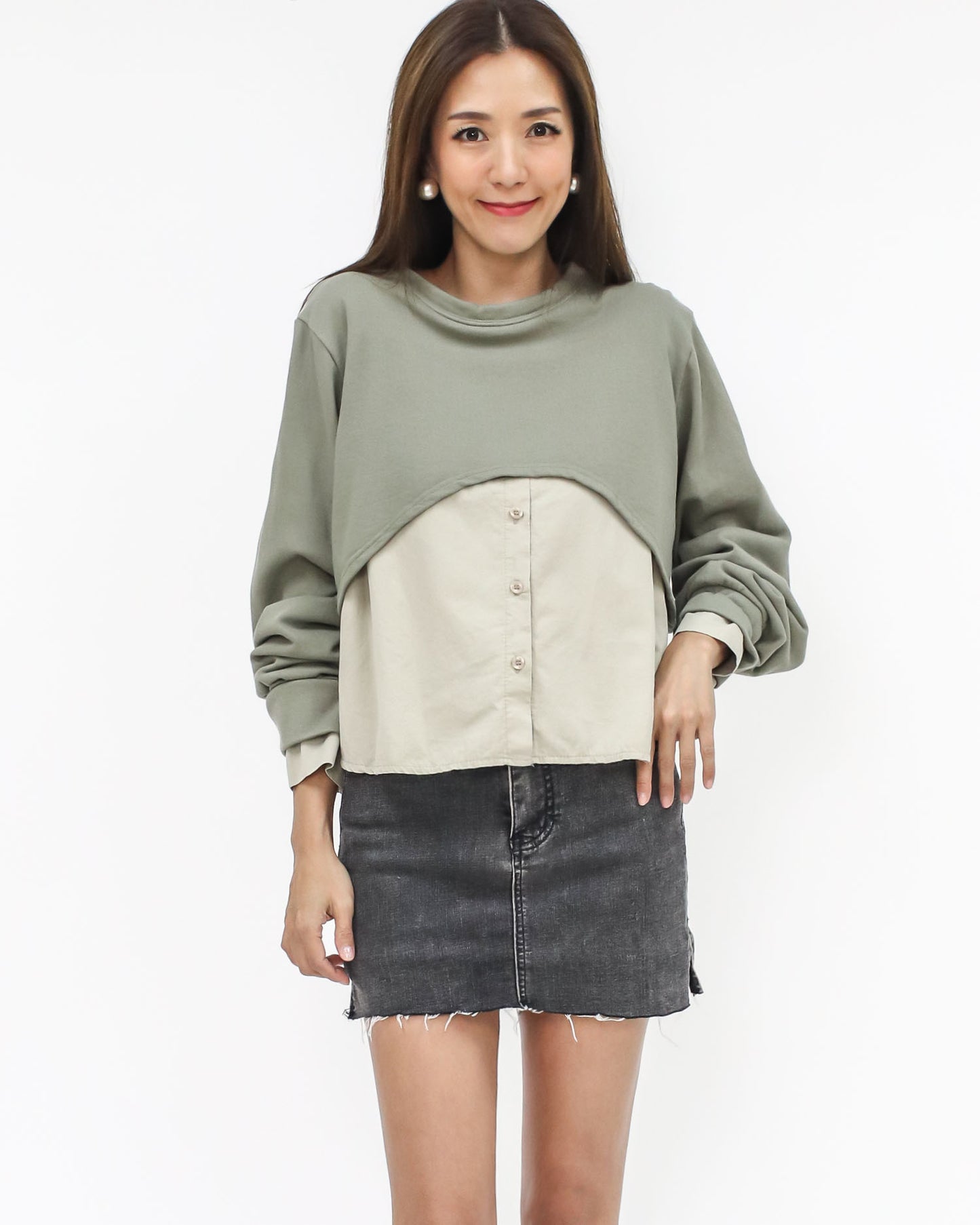 green & beige shirt contrast sweatshirt